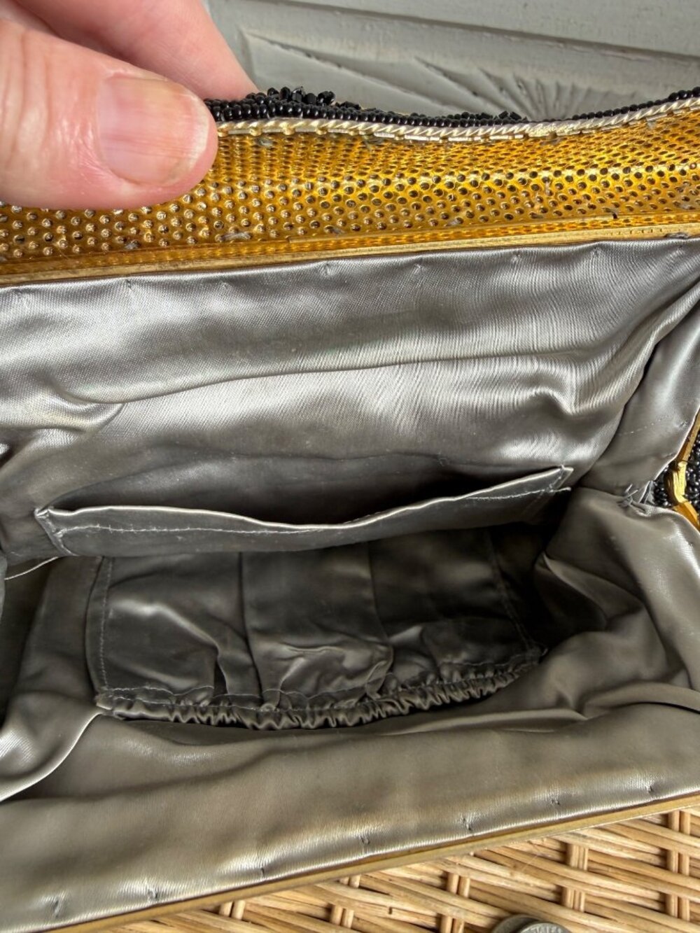 Vintage 1960s Black Glass Floral Seed Beaded Top Handle Formal Purse - Picture 14 of 16